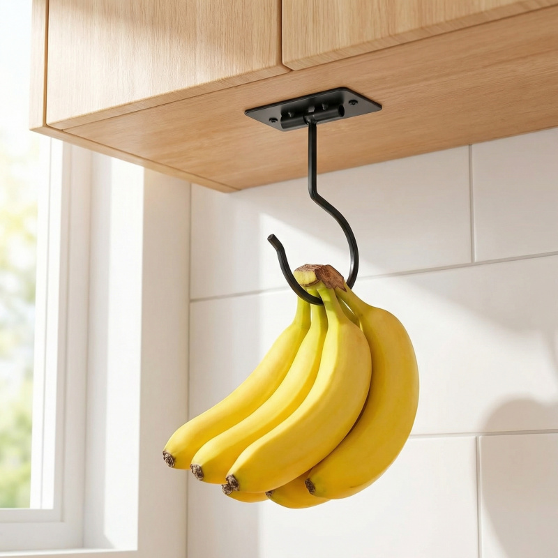 Kitchen Zo - Черный металлический самоклеящийся крючок-банан, складная полка